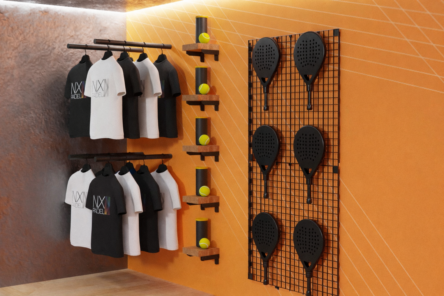 Interior de tienda de pádel con exposición profesional de palas